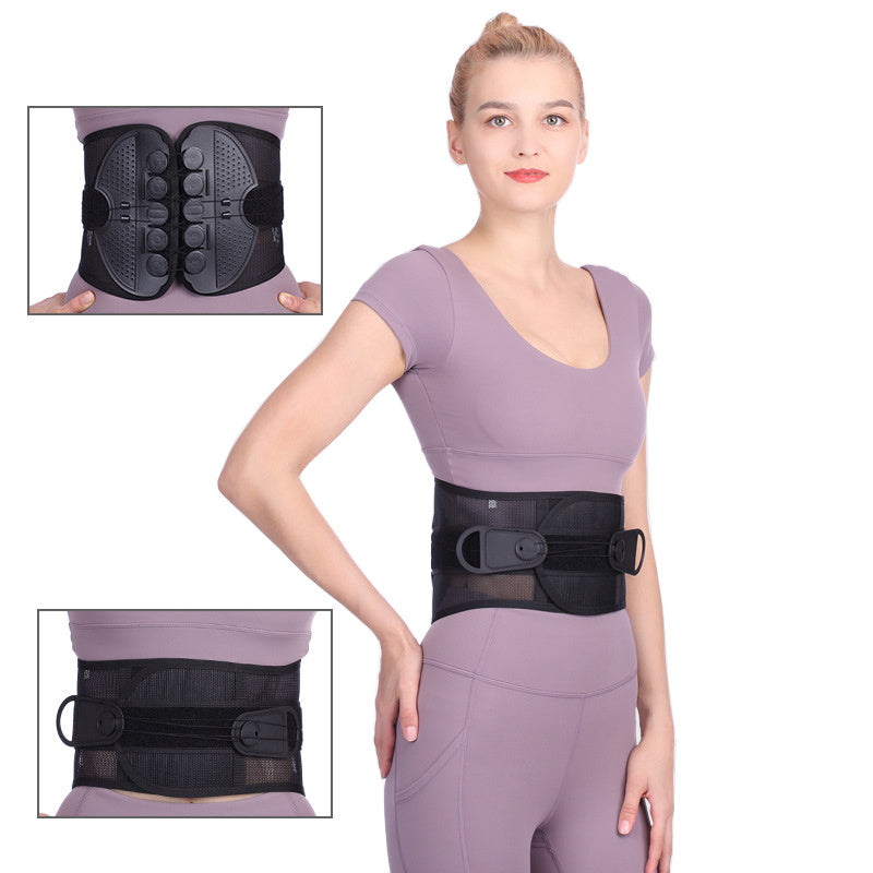Woman wearing a black back brace with close-up insets on a white background
