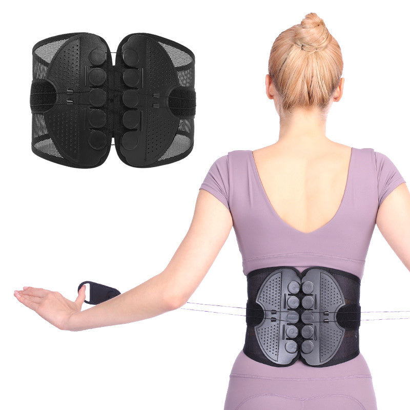 Person wearing a black back brace with two additional back braces displayed on a white background
