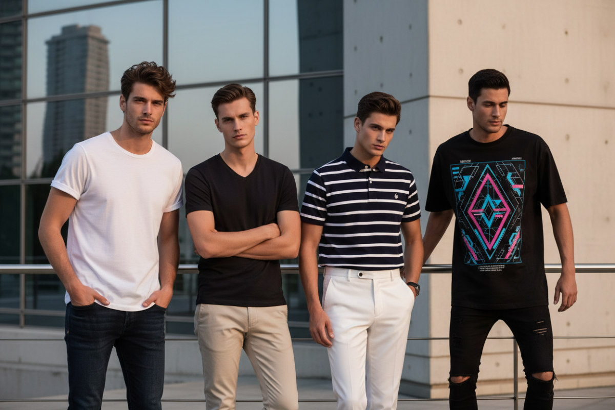 3 or 4 men models wearing a dfferent types of tshirts stylish poses with good background