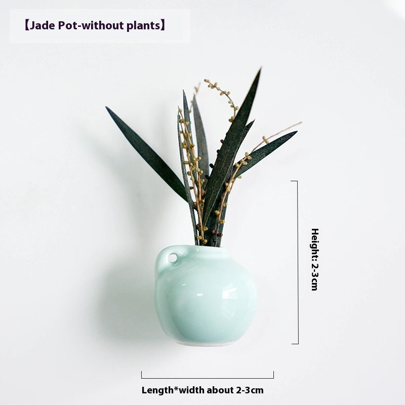 Light blue jade pot with green leaves on a white background, showing dimensions.