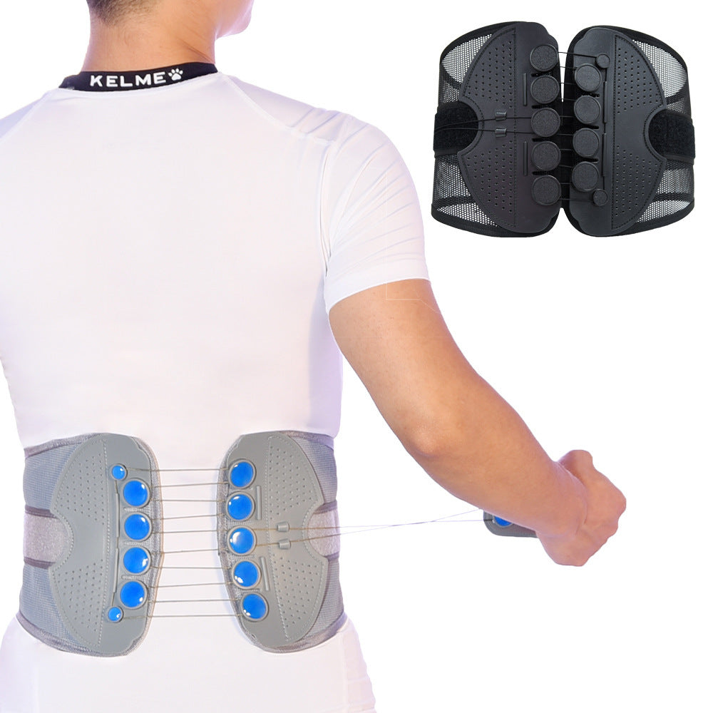 Person wearing a back brace with KELME branding, holding a similar product.