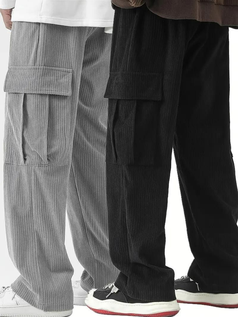 Men’s Corduroy Cargo Pants – Pack of 2 | Stylish Cotton Blend Solid Casual Pants for Men