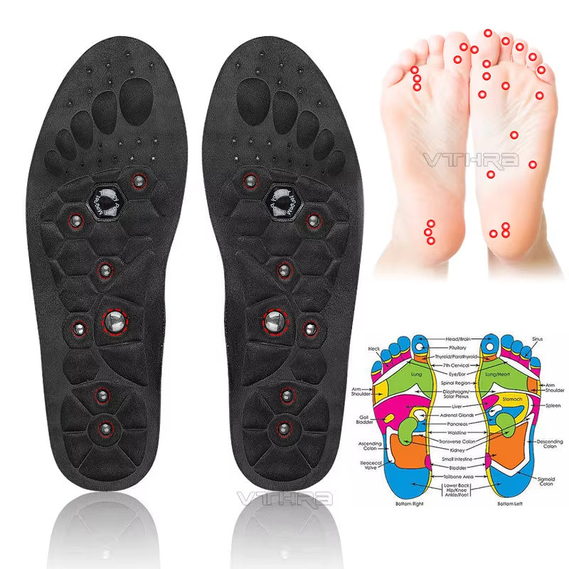Black massage insoles with acupressure points on a white background, showing a foot diagram and acupressure chart.