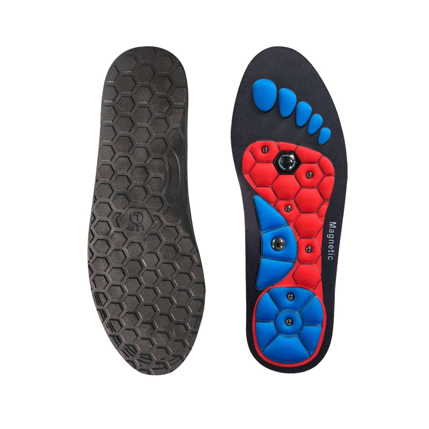 Magnetic insole with red and blue design on a white background