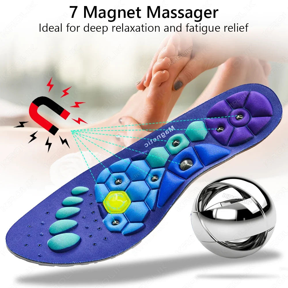 Blue and purple magnet massager insole with a small metallic ball on a blurred background