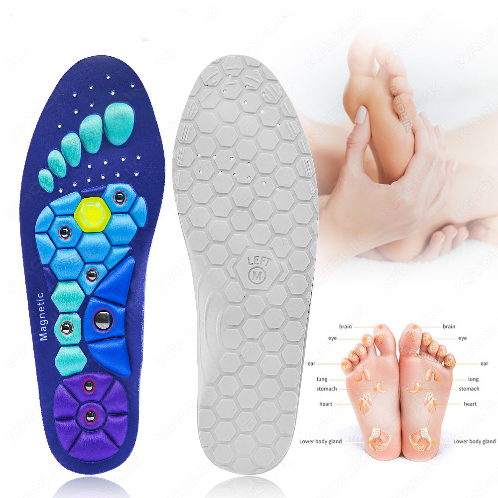Magnetic foot care insole with blue and purple design, white sole, and foot diagram on a white background.