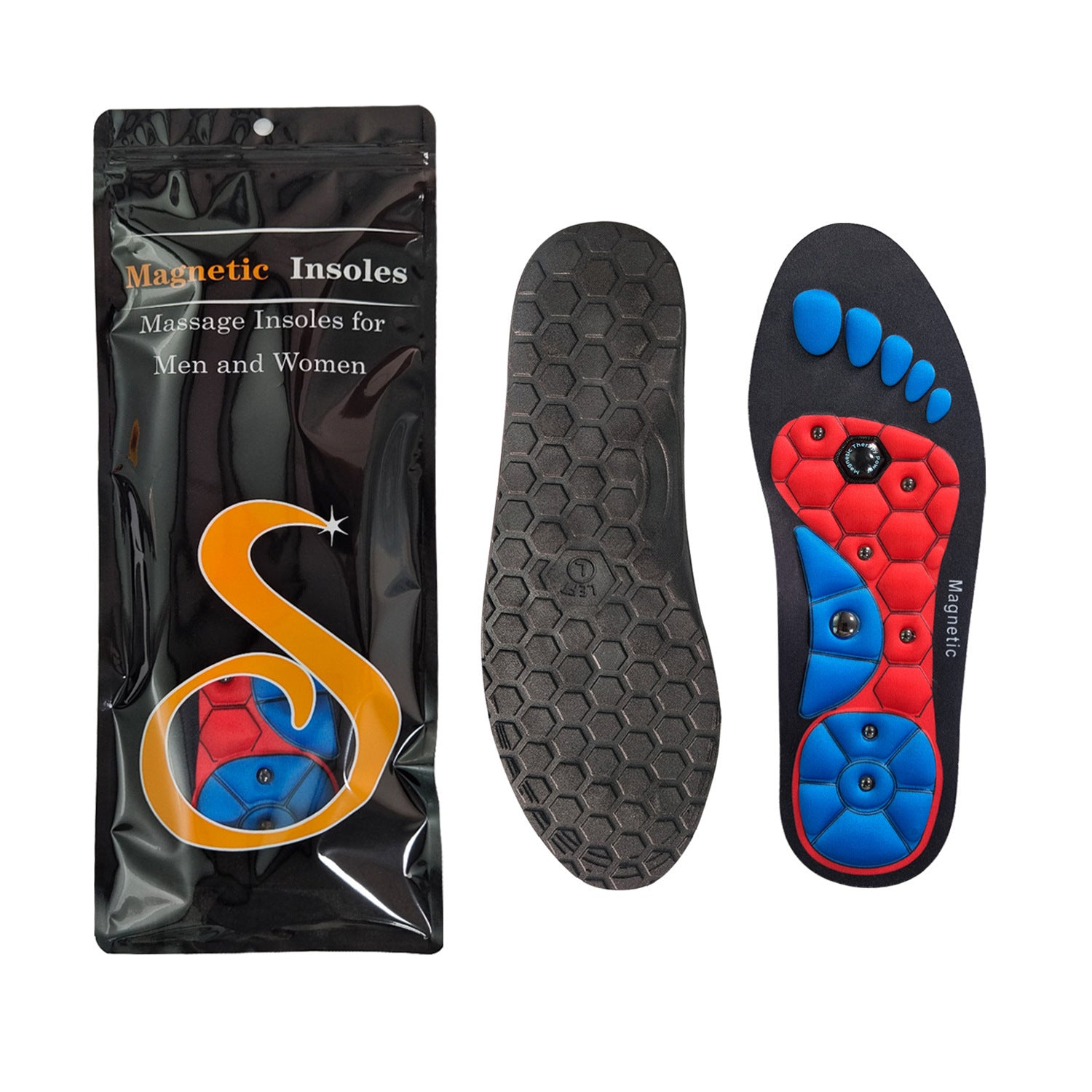 Magnetic insoles with packaging on a white background