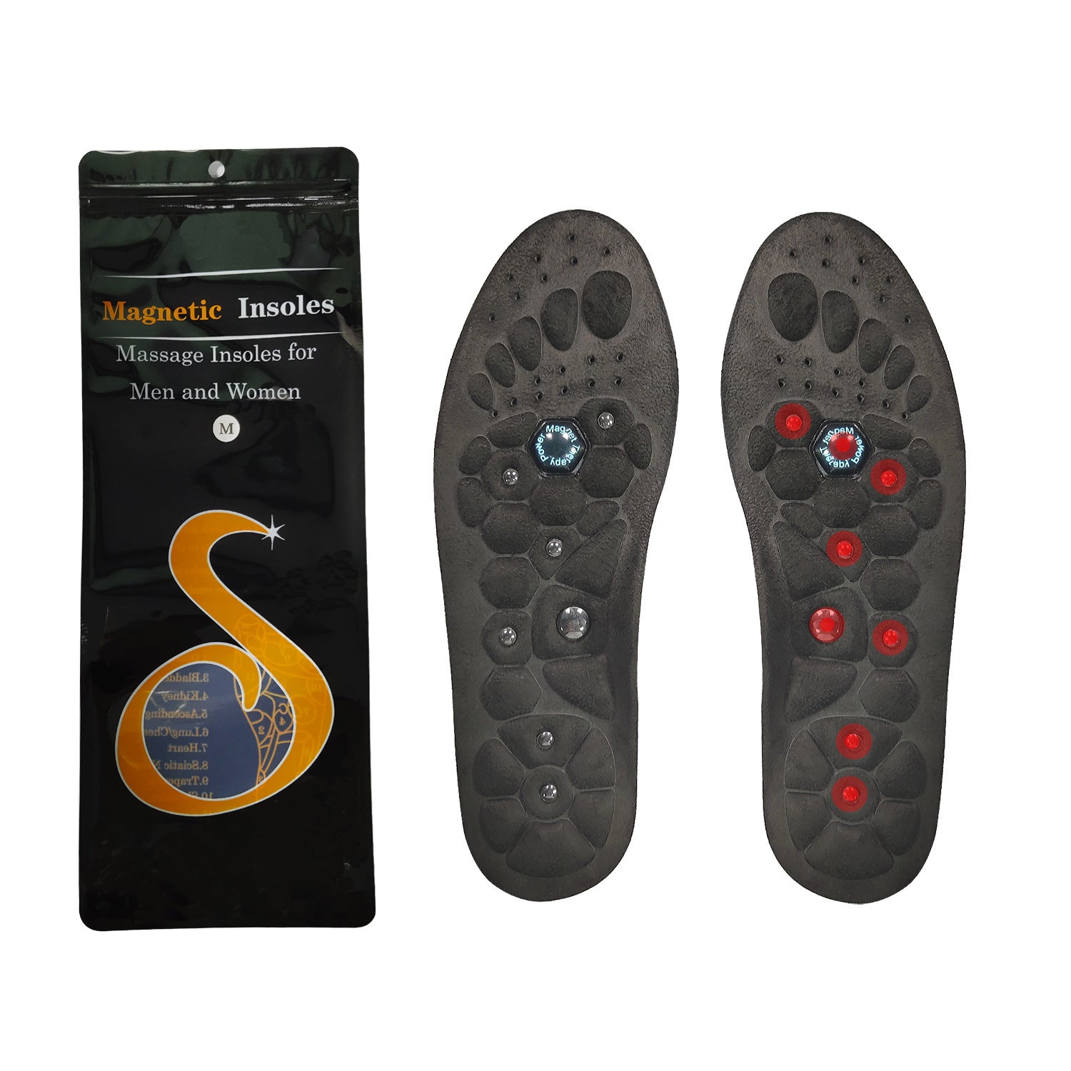 Magnetic insoles with packaging on a white background