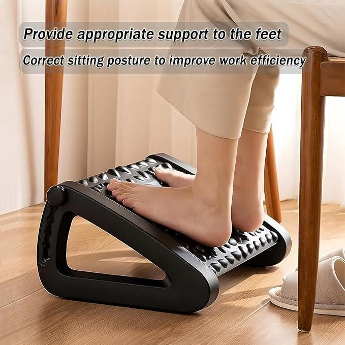 Person using a foot support device on a wooden floor with text about foot support and posture correction.