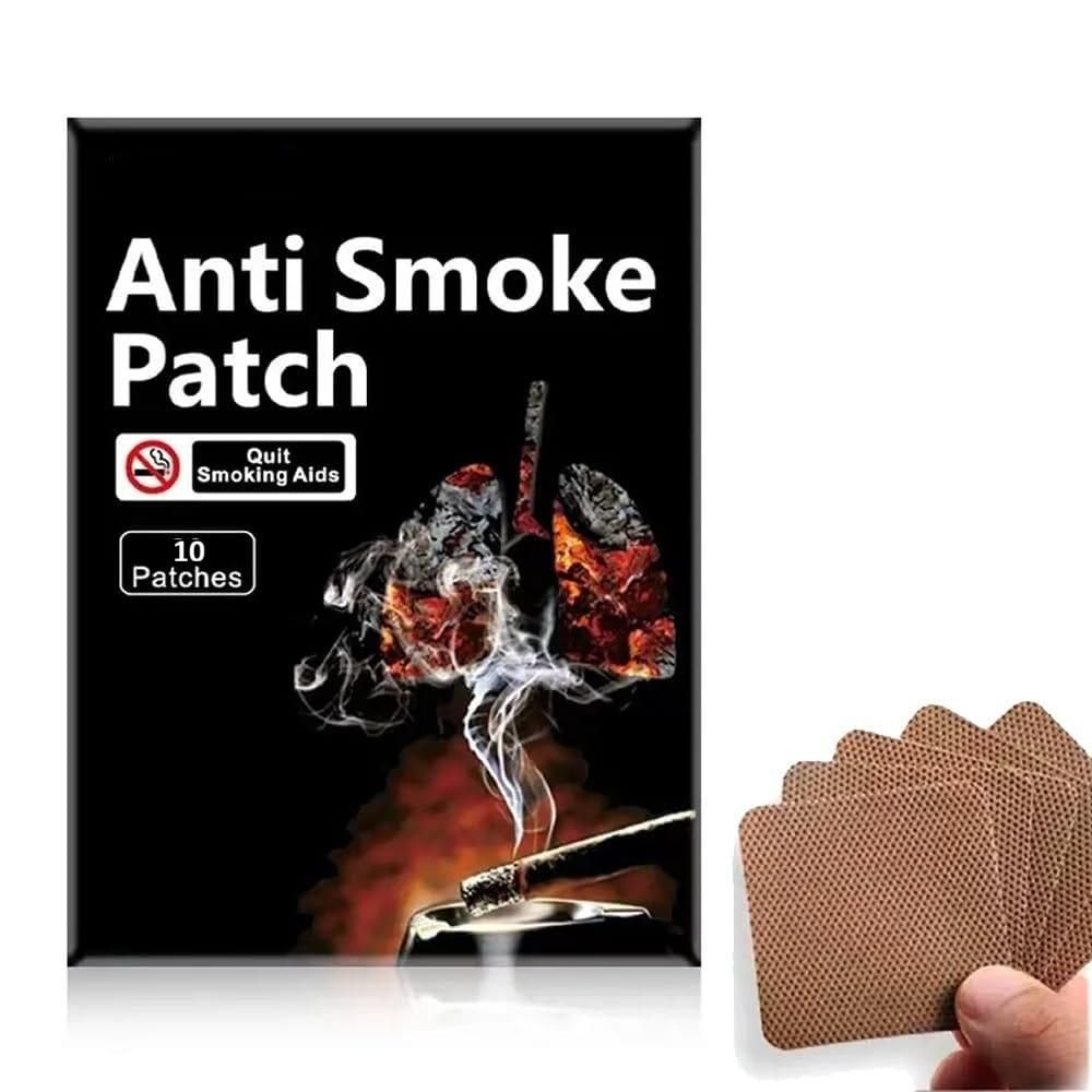 Anti Smoke Patch packaging with a smoking cigarette and smoke illustration on a black background.