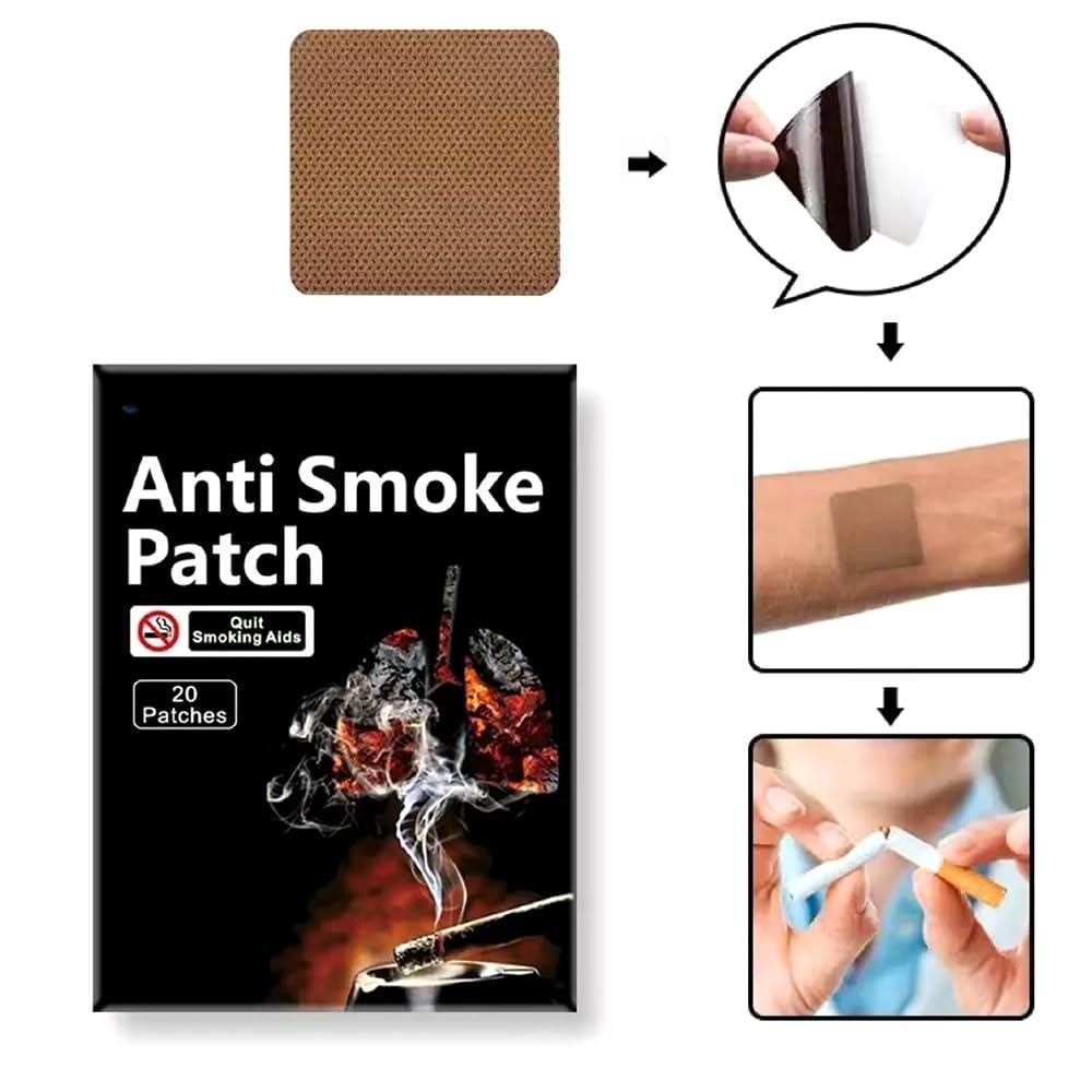Anti-smoke patch packaging with application instructions on a white background