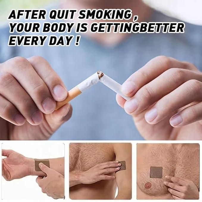 Hands breaking a cigarette with motivational text about quitting smoking and body improvement.