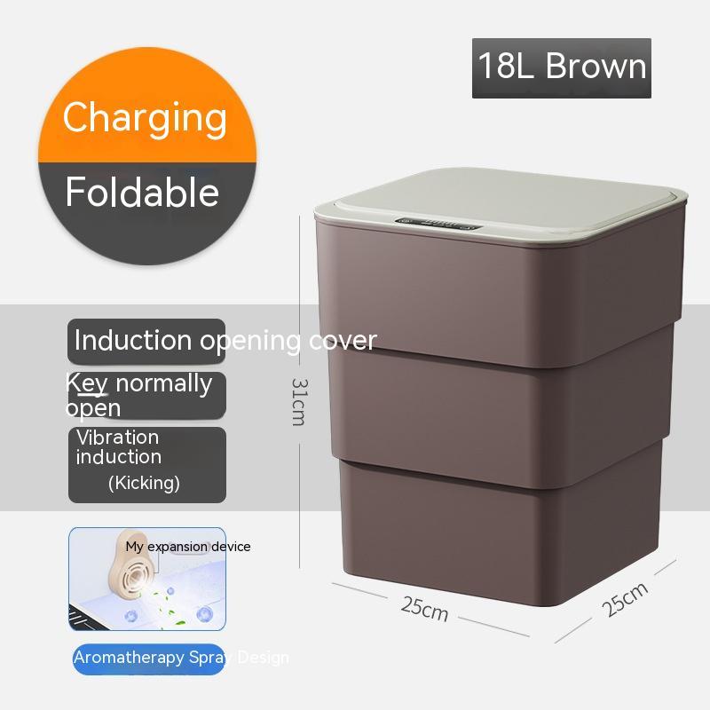 Brown trash bin with charging, foldable, induction opening cover features on a gray background