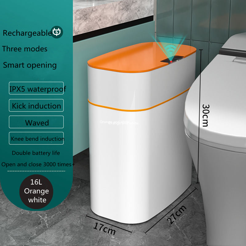 White and orange trash can with features listed on a green panel in a bathroom setting