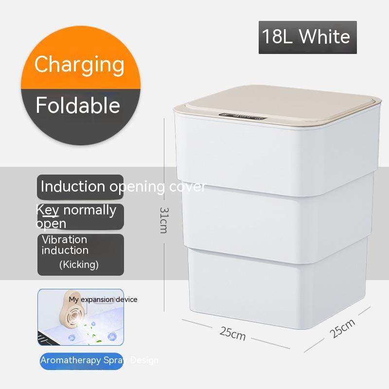 White storage bin with beige lid, charging and foldable features highlighted, on a light gray background.