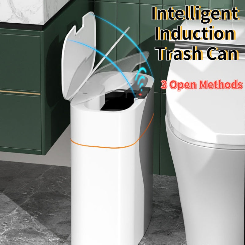 Intelligent induction trash can with text on a bathroom floor.