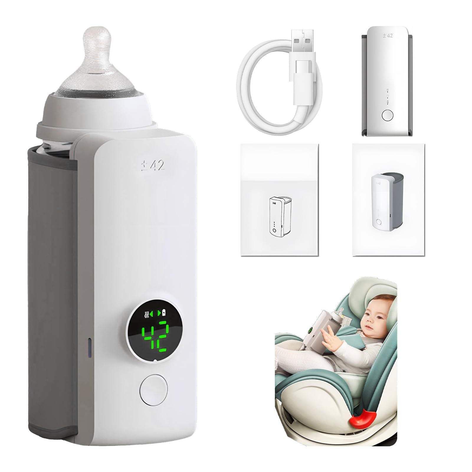 Collection of baby-related products including a bottle warmer, car seat, and digital thermometer on a white background.