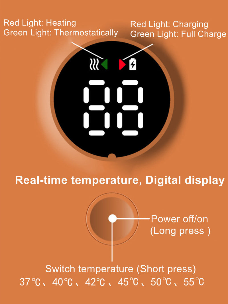 Digital temperature controller with red and green lights and a digital display on an orange background.