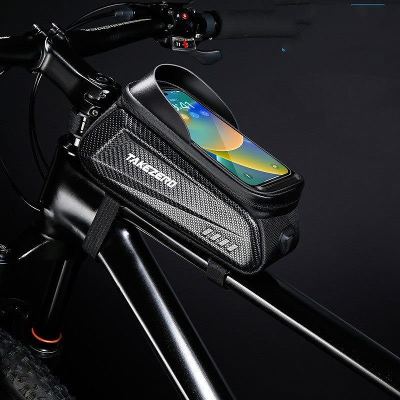Bicycle frame bag with smartphone display on a dark background
