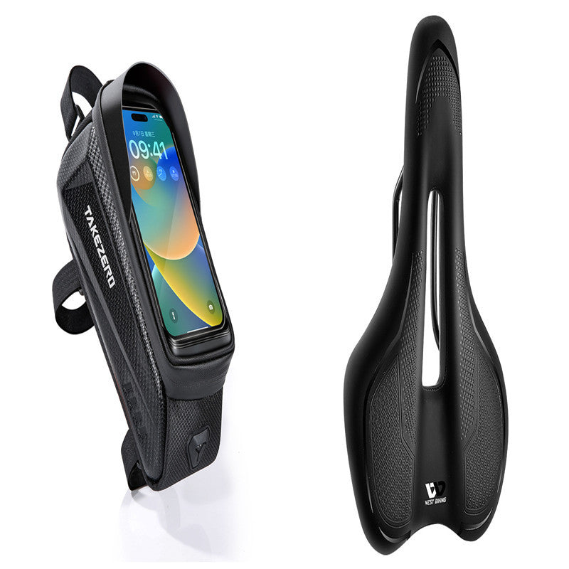 Phone case with screen and bicycle saddle on a white background