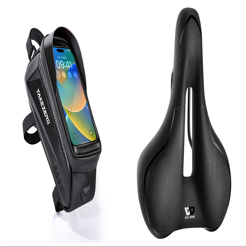 Bicycle saddle and phone case on a white background