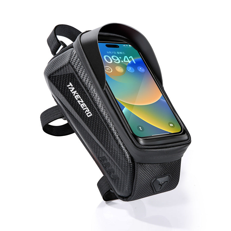 Black phone case with a smartphone displaying a colorful screen on a white background