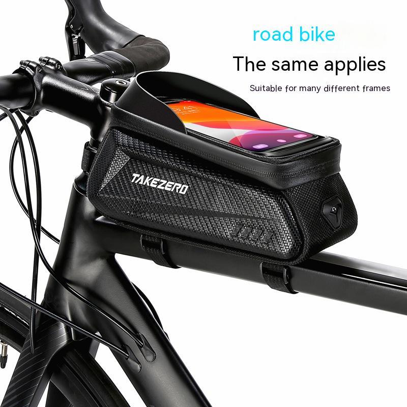 Bicycle handlebar bag with smartphone mount on a road bike, featuring the brand 'TakeZero'.