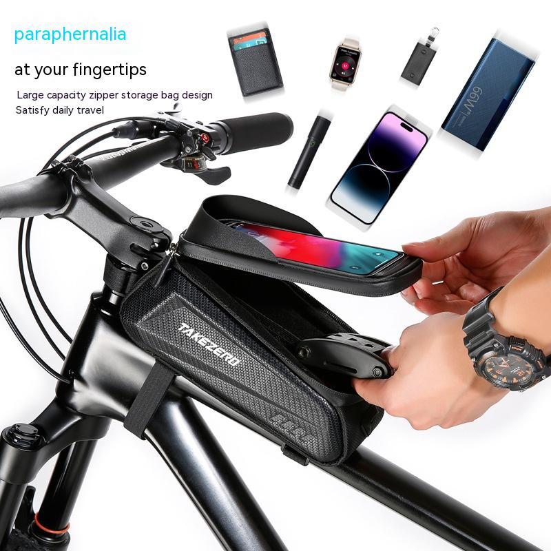 Bicycle handlebar bag with smartphone holder, showing accessories on a white background.