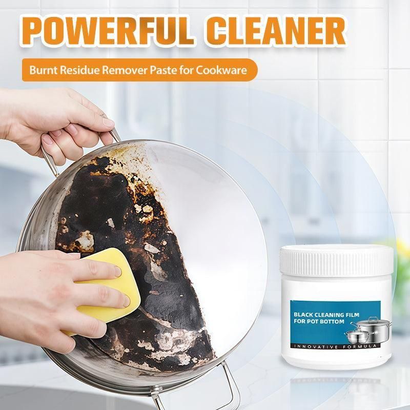 Person cleaning a burnt pot with a scrubber and a container of 'Black Cleaning Film' on a kitchen background.