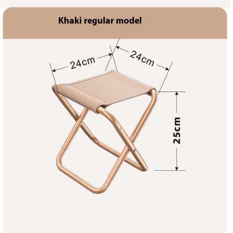Khaki folding stool with dimensions on a white background
