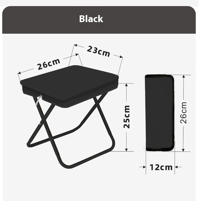 Black folding stool with dimensions on a white background
