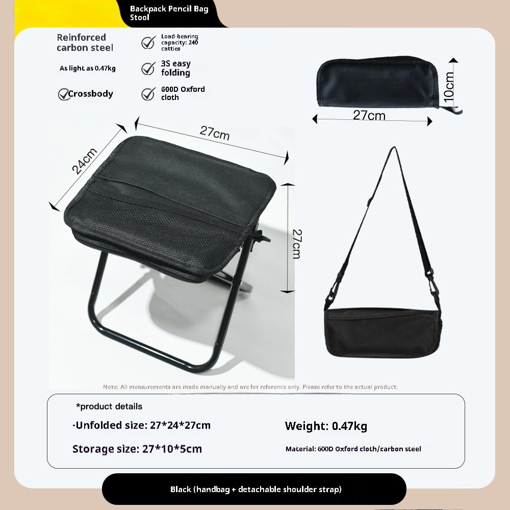 Black backpack stool with dimensions and product details on a beige background