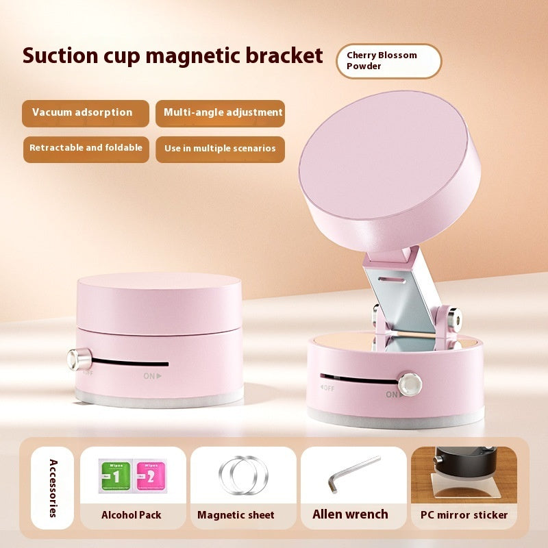 Pink suction cup magnetic bracket with features listed on a beige background