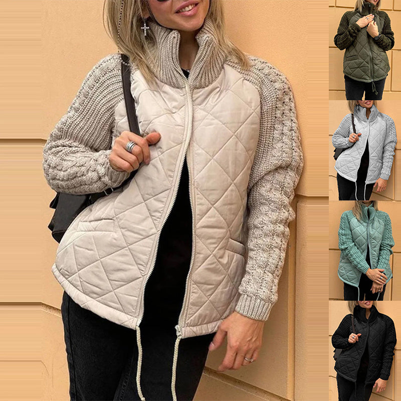 Woman wearing a beige quilted vest over a knitted sweater with additional images of similar vests in different colors.