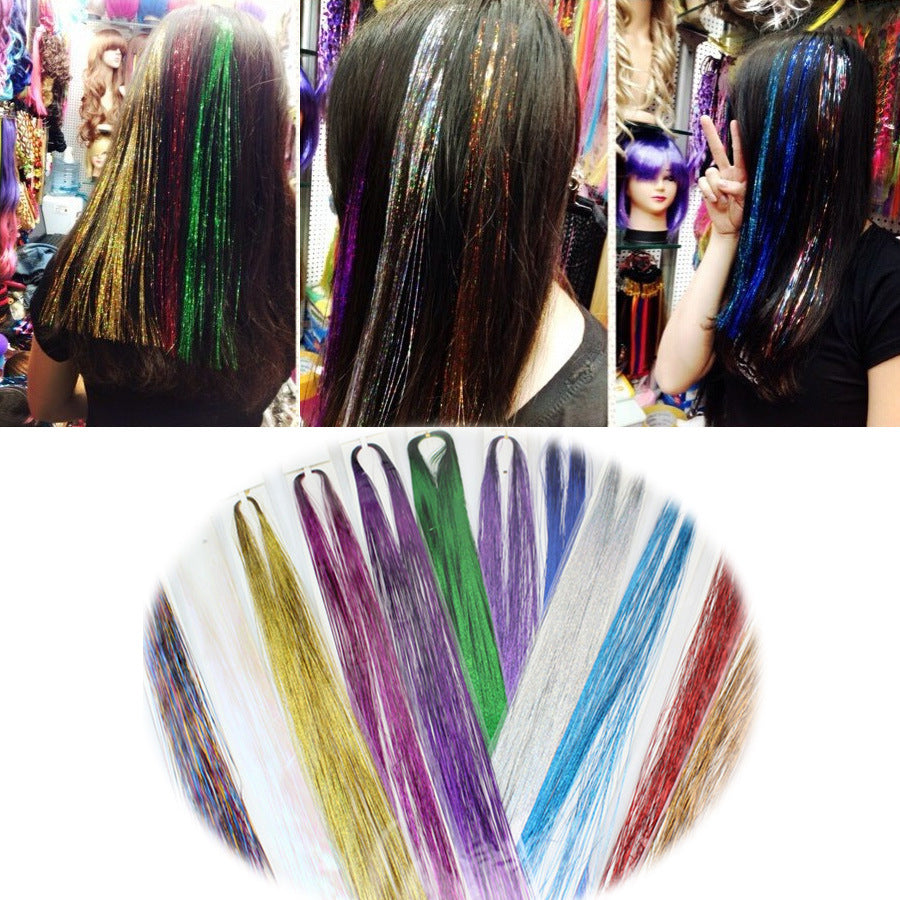 Colorful hair extensions displayed on a mannequin and in a close-up, with additional color swatches below.