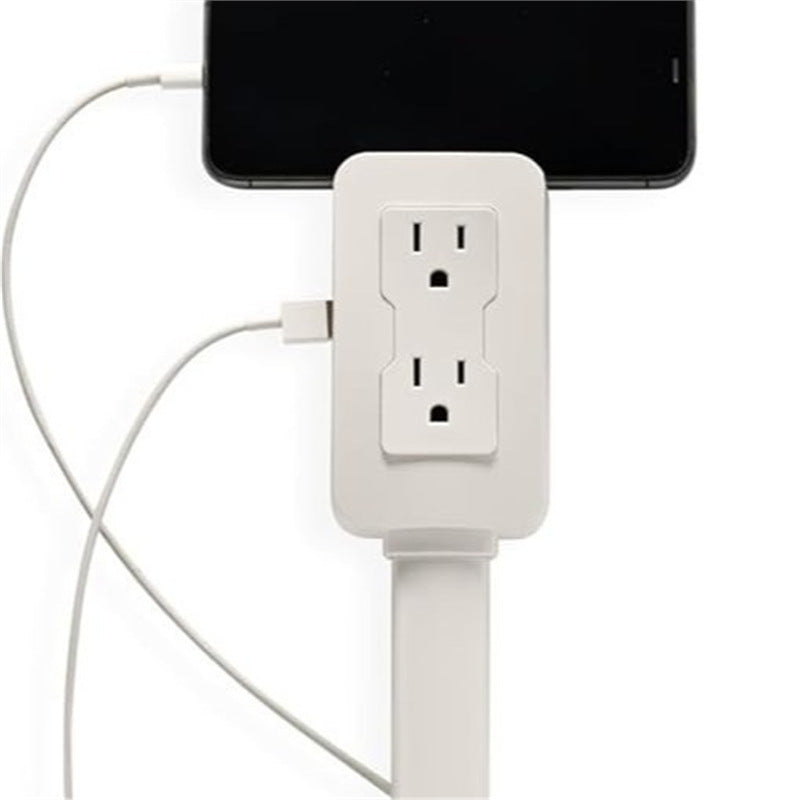 White power strip with two outlets and a USB port, connected to a smartphone.