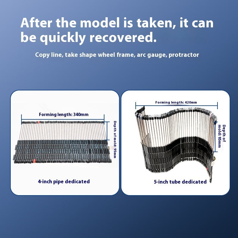 Two diagrams showing different pipe and tube shapes with measurements on a blue background.
