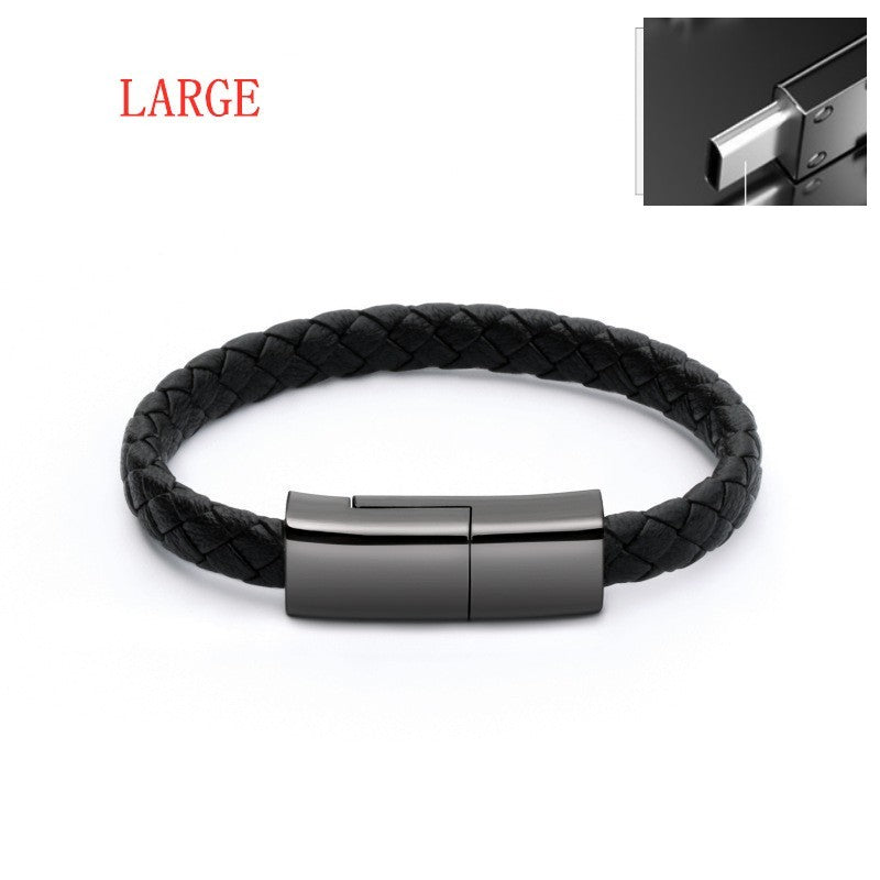 Black braided leather bracelet with a metallic clasp on a white background
