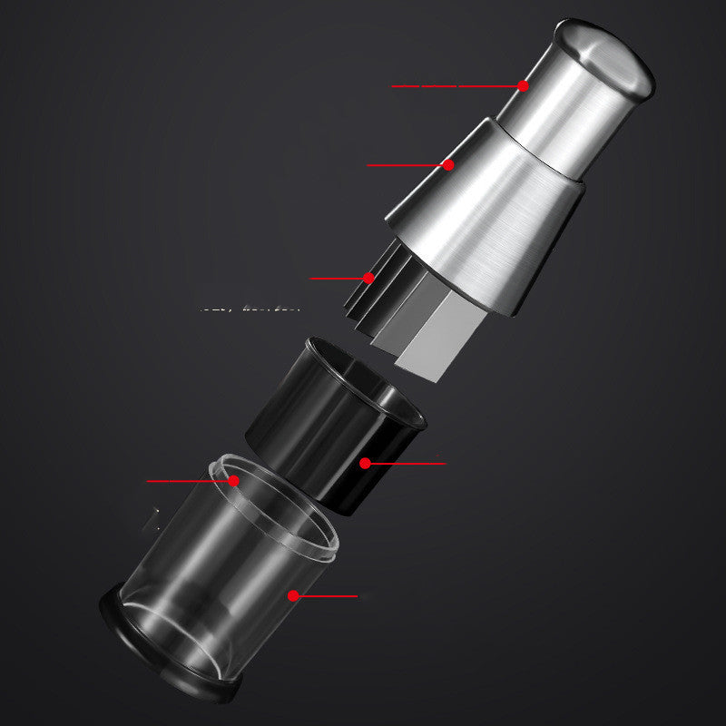 Split view of a metallic and clear component with labeled parts on a dark background