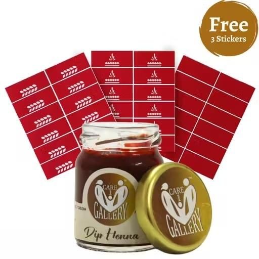 Jar of Dip Henna with gold lid and 'Care Gallery' branding, surrounded by red stickers on a white background.