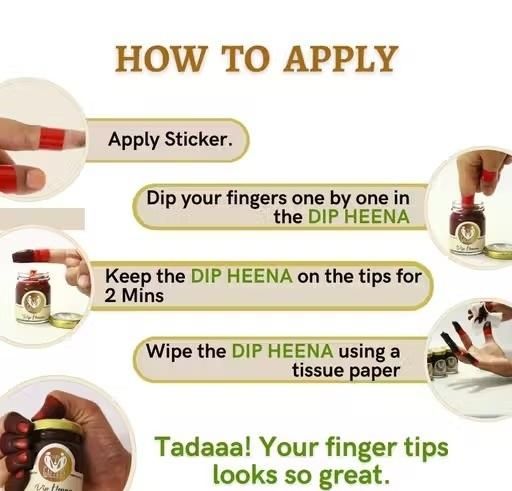 Instructions on how to apply Dip Heena with text and images of hands and product.