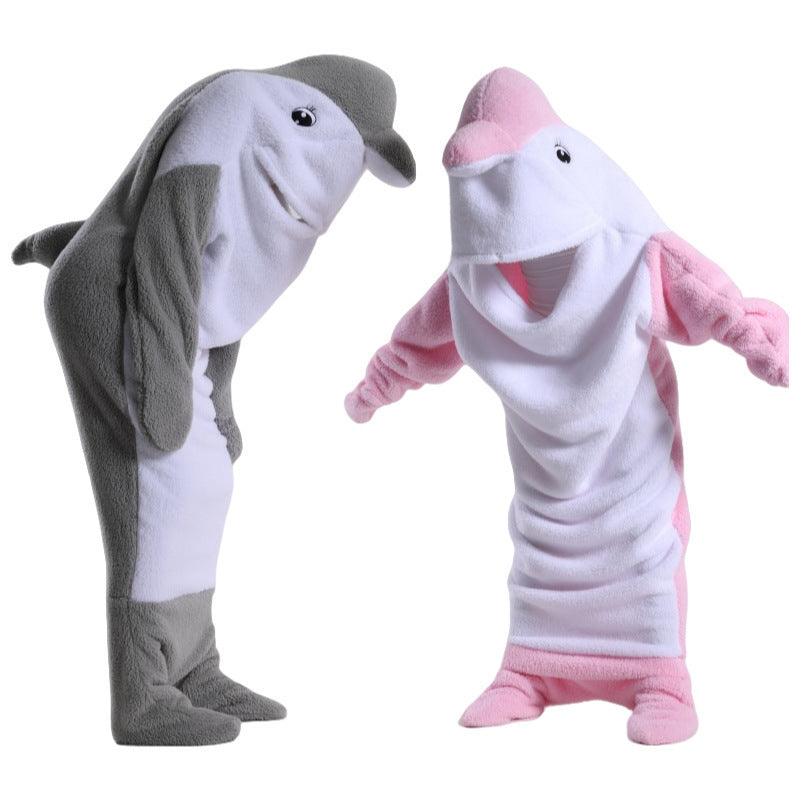 Two animal costumes, one gray and white, the other pink and white, on a white background.