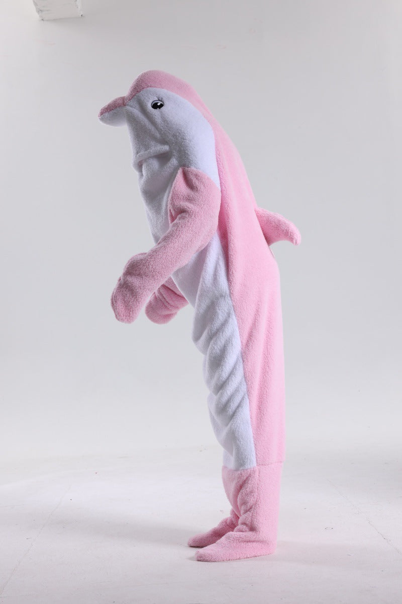 Pink and gray dolphin costume on a white background