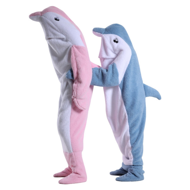 Two dolphin-themed onesies, one pink and white, the other blue and white, on a white background.