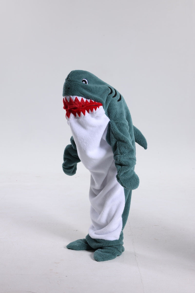 Shark costume with gray body, white belly, and red mouth on a light gray background
