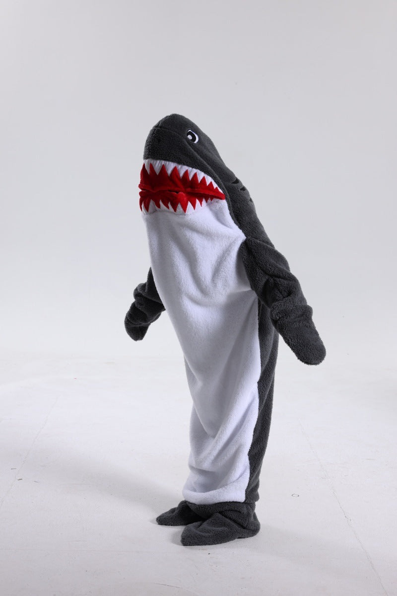 Shark costume with open mouth on a white background