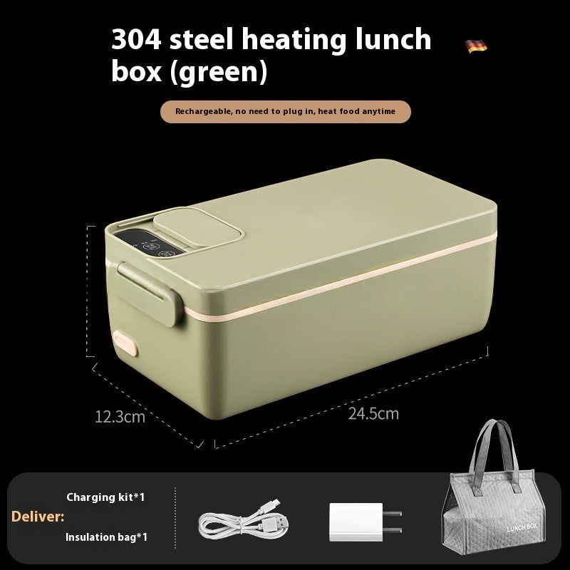 Green heating lunch box with dimensions and accessories on a black background