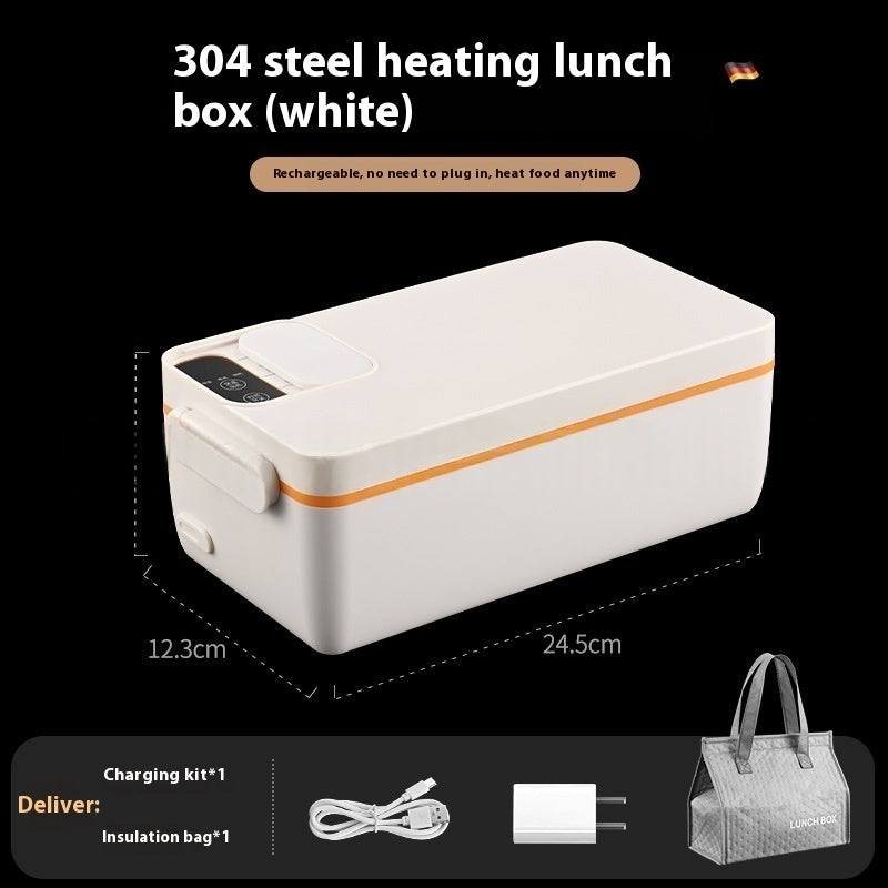 White heating lunch box with orange stripe, dimensions, and accessories displayed on a black background.