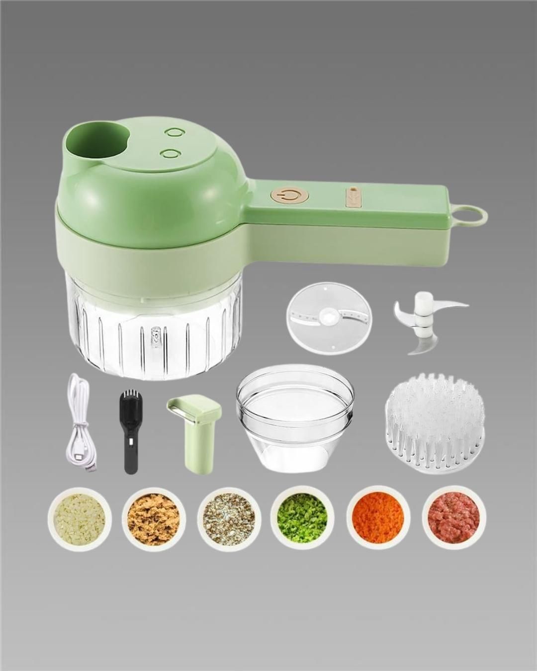 Green kitchen chopper with attachments and ingredients on a gray background