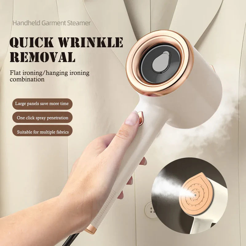 Handheld garment steamer with text on quick wrinkle removal and features.